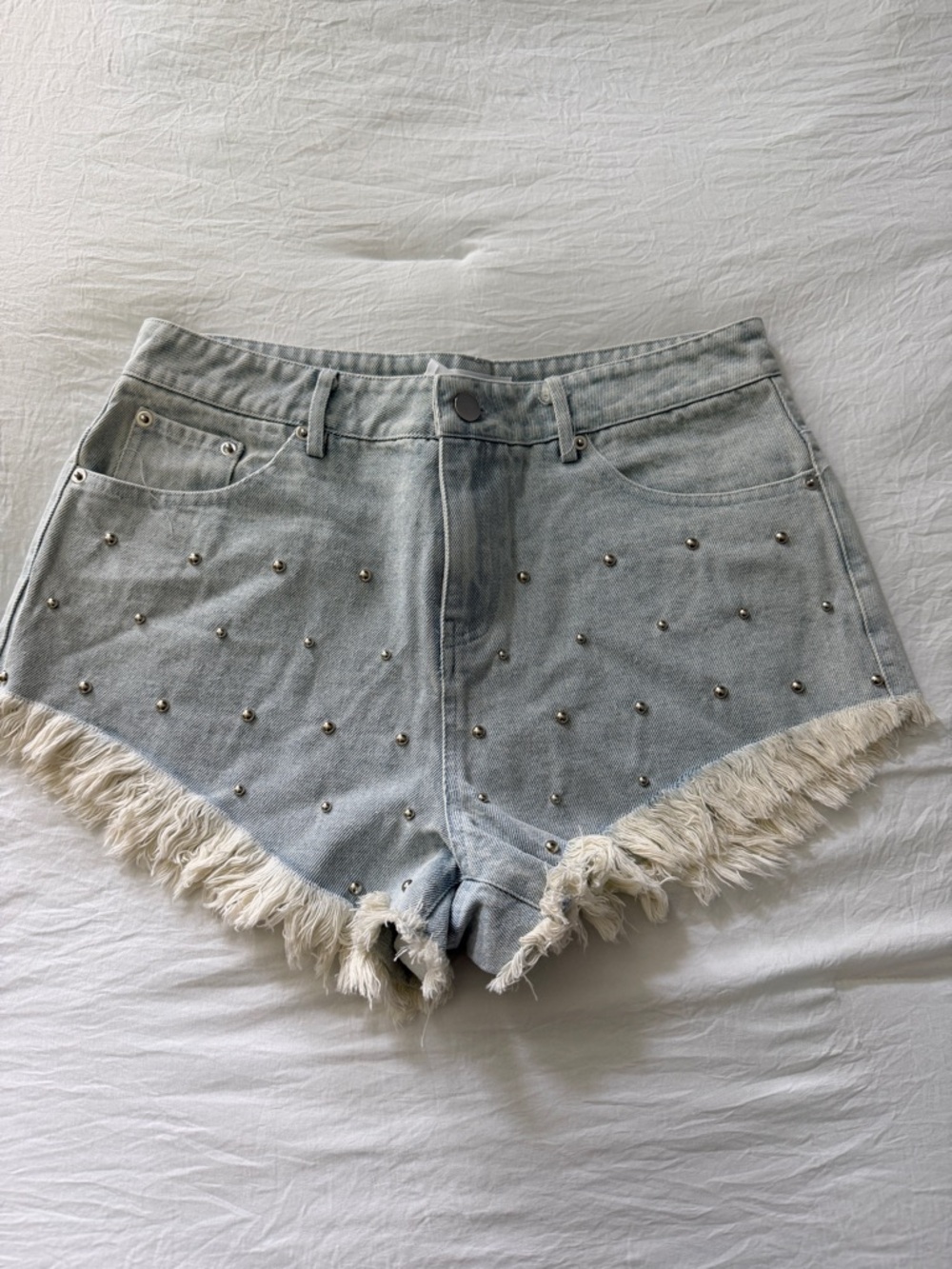 TALULAH Light Blue Studded Fringe Hem Denim Shorts